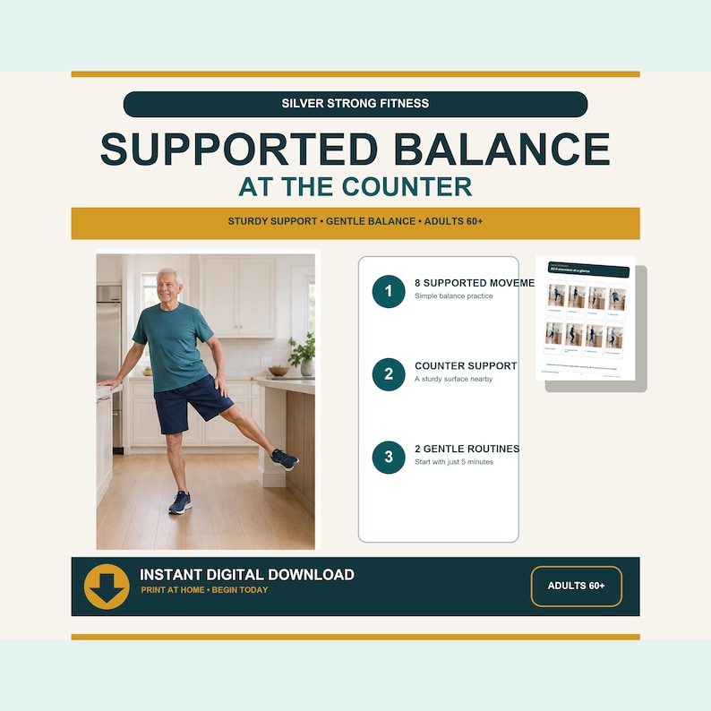 Older adult practicing supported balance at a kitchen counter beside previews of the large-print guide.