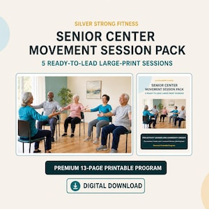 May include: A digital download for a Silver Strong Fitness Senior Center Movement Session Pack, featuring 5 ready-to-lead large-print sessions. This premium 13-page printable program includes a guide for activity leaders and community groups.