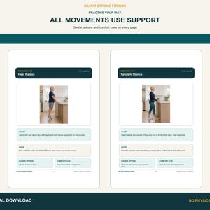 Two standing balance pages showing counter support, gentle options, and comfort cues for adults over 60.
