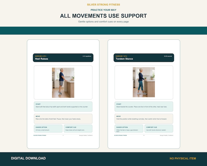 Two standing balance pages showing counter support, gentle options, and comfort cues for adults over 60.