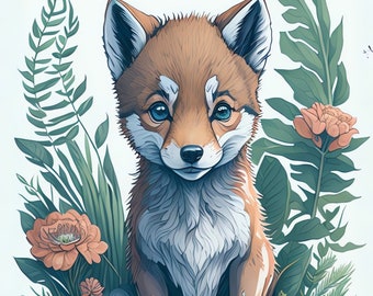 May include: A cute, brown and white fox pup with blue eyes sits in a lush green jungle setting. The fox is surrounded by large green leaves and orange flowers.
