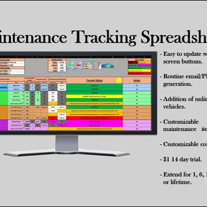 May include: A computer screen displaying a spreadsheet for tracking vehicle maintenance. The spreadsheet is color-coded and includes columns for engine, tires, and misc. maintenance items. The text on the screen reads "Maintenance Tracking Spreadsheet".