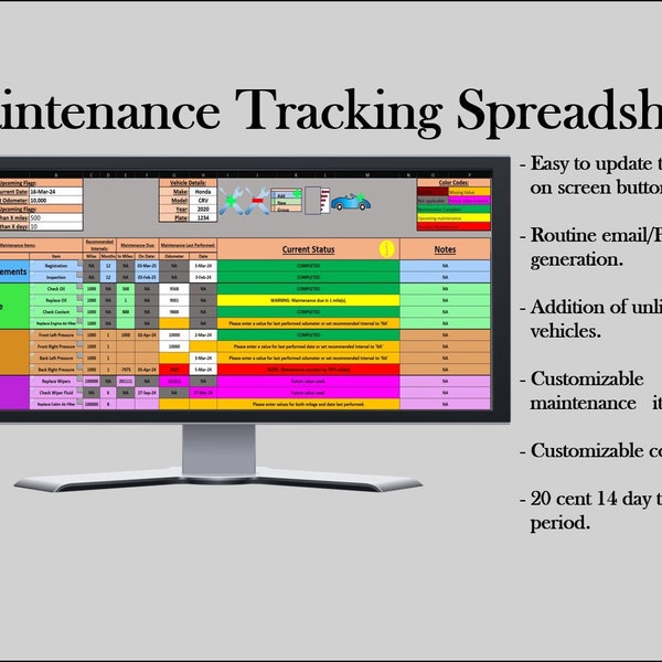 Multi-Vehicle Maintenance V13.0, Excel Spreadsheet, Automated maintenance tracking