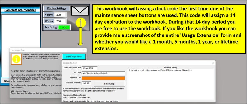May include: A computer screen displaying a message about a workbook that will assign a lock code the first time one of the maintenance sheet buttons is used. The code will assign a 14-day expiration to the workbook. During that 14-day period, the workbook can be used for free. The message also asks the user to provide a screenshot of the 'Usage Extension' form and whether they would like a 1-month, 6-month, 1-year, or lifetime extension.