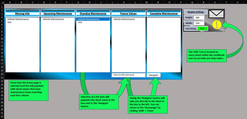 May include: A diagram showing how to navigate between different sheets in a spreadsheet. The diagram shows a spreadsheet with five columns labeled "Missing Info", "Upcoming Maintenance", "Overdue Maintenance", "Future Values", and "Complete Maintenance". Each column has a box labeled "Vehicle Maintenance". The diagram also shows a green arrow pointing to a box labeled "Navigate" and a green arrow pointing to a box labeled "Vehicle Maintenance". The diagram also shows a green arrow pointing to a box labeled "Info" and a green arrow pointing to a box labeled "Display Settings".