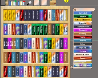 May include: A bookshelf with a variety of books, including "The Hobbit", "The Flood", "Salems Lot", and "Demo Book 1" through "Demo Book 52". The bookshelf is made of wood and has a light brown finish. A list of genres is displayed on the right side of the image, including Manga, Action/Adventure, Traveling, Science Fiction, Romance, Comedy, Horror, History, Crime, Mystery, Fantasy, Science & Tech., Sports, Religion, and Health & Nutrition.