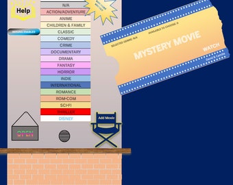 May include: A digital movie selection screen with a torn movie ticket that says "Mystery Movie" and "Watch". The screen shows a list of movie genres in different colors, including action, adventure, anime, children and family, classic, comedy, crime, documentary, drama, fantasy, horror, indie, international, romance, rom-com, sci-fi, thriller, and Disney. The screen also shows a button that says "Add Movie".