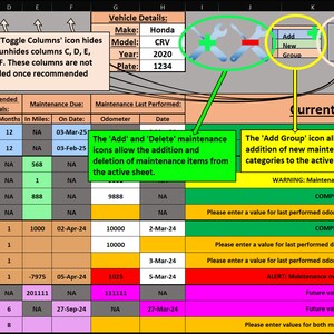 May include: A spreadsheet with a green, yellow, and red color scheme. The spreadsheet is used to track vehicle maintenance. The spreadsheet includes columns for category, maintenance items, recommended intervals, miles, months, date, odometer, last performed, and date performed. The spreadsheet also includes a section for notes and a section for color codes.