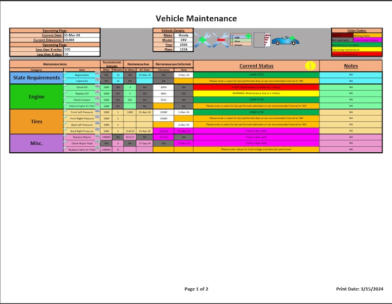May include: A vehicle maintenance checklist with a color-coded table. The table lists maintenance items, recommended intervals, and the last time the maintenance was performed. The checklist includes state requirements, engine, tires, and miscellaneous items. The table is labeled "Current Status" and "Notes".