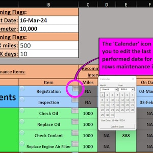 May include: A spreadsheet with a calendar icon, showing upcoming maintenance flags for a Honda CRV. The spreadsheet includes categories for state requirements and engine maintenance, with items like registration, inspection, check oil, and replace oil. The spreadsheet also includes columns for miles, on date, odometer, and date.