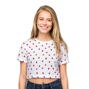 Strawberry Crop Top: Summer Fruit Print Graphic Tee - White