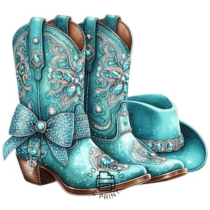 Watercolor Turquoise Western Cowgirl Boots Clipart, Turquoise Boots, Western Cowgirl PNG, Western Designs Downloads, Turquoise Boots Clipart