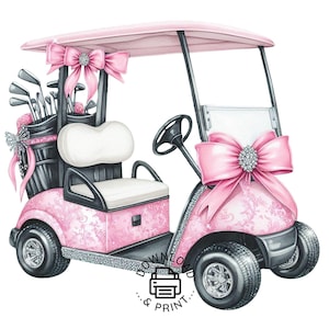 Golf Cart Clipart, Pink Pastel Golf Cart Girl Clipart Nursery Golfer PNG Commercial Use Ribbon Cars Golf Cart PNG Illustration Golf Club