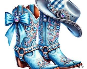 Western Cowgirl Boots Ribbon Clipart, Blue Ribbon Western Boots, Western Cowgirl PNG, Western Designs Downloads, Pink Ribbon Boots Clipart