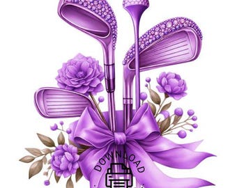 GOLF Clipart, Golf Png, Watercolor Purple Ribbon Golf Club Clipart, Golf png, Golf Ball Club and Tee, Golf Sublimation, Golf Clipart,