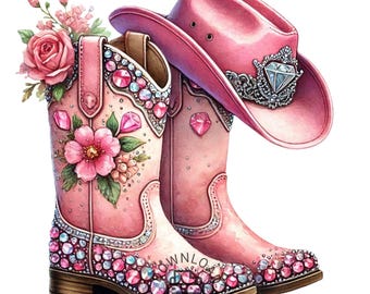 Western Cowgirl Boots Ribbon Clipart, Pink Ribbon Western Boots, Western Cowgirl PNG, Western Designs Downloads, Pink Ribbon Boots Clipart