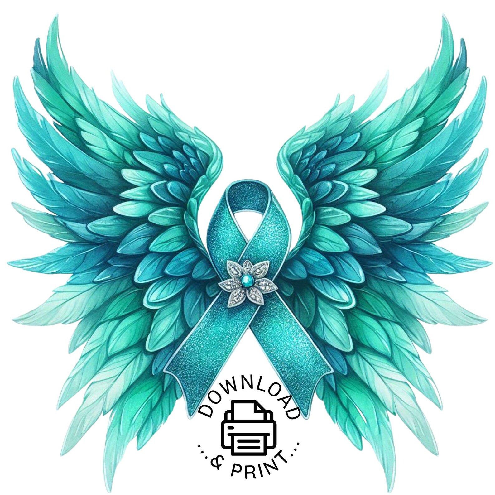 Memory Cancer Design Angel Wings Teal Ribbon Png Clipart, Watercolor Teal Cancer Awareness ...