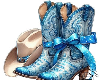 Blue Ribbon Cowgirl Boots Clipart, Western PNG (Digital Download)