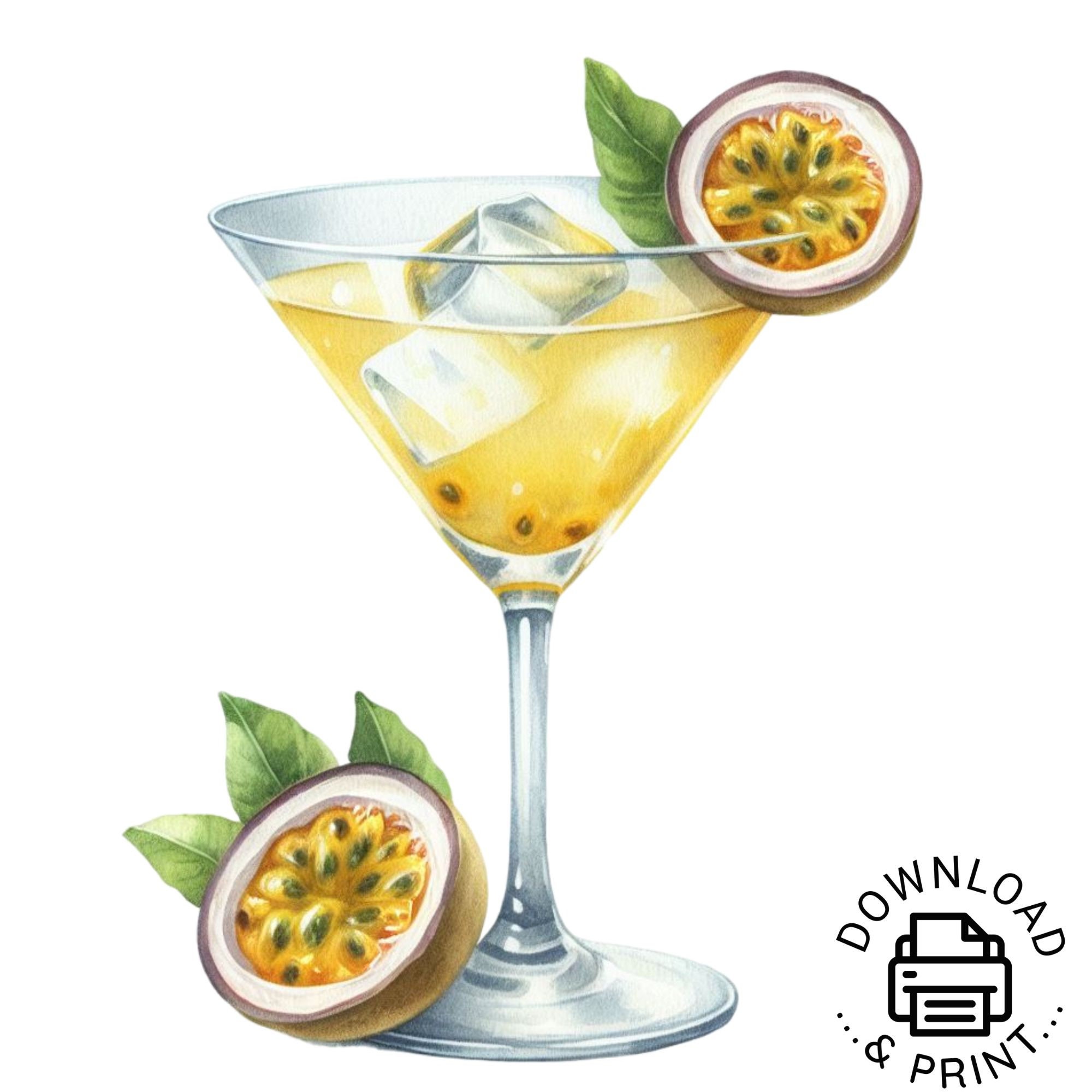Passion Fruit Martini Clipart, Watercolor Cocktail PNG Graphic, Clipart