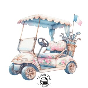 Golf Cart Clipart, Floral Golf Cart Clipart, Nursery Floral Golf Cart PNG Commercial Use Blue Cars Golf Cart PNG Illustration Golf Club,