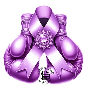May include: A digital illustration of two purple boxing gloves with a lavender ribbon and a decorative jewel. The ribbon is centered between the gloves and has a large jewel in the center. The words "DOWNLOAD & PRINT" are printed at the bottom.