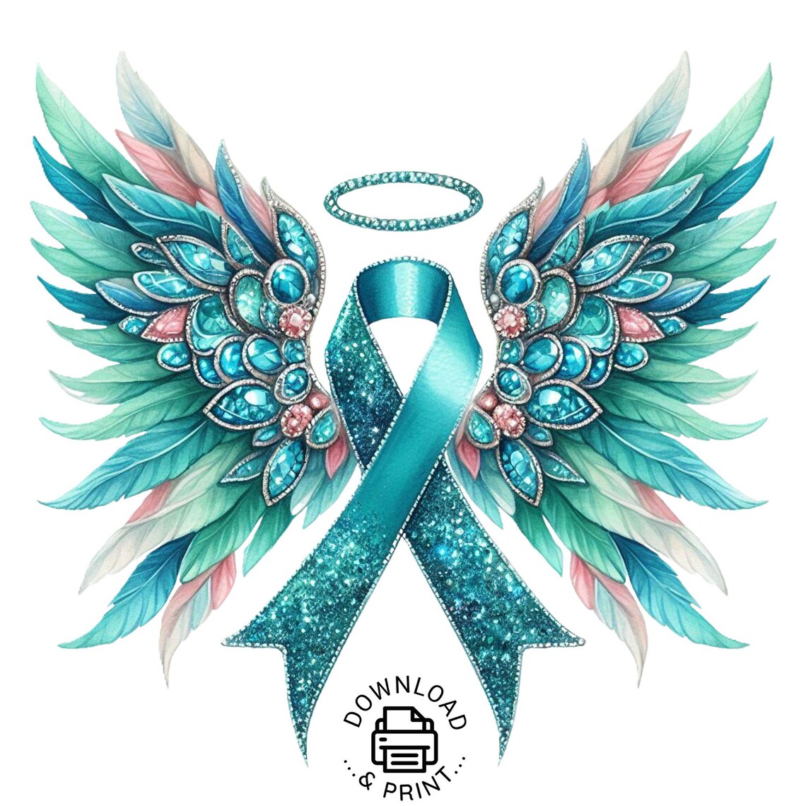 Memory Cancer Design Angel Wings Teal Ribbon Png Clipart, Watercolor Teal Cancer Awareness ...