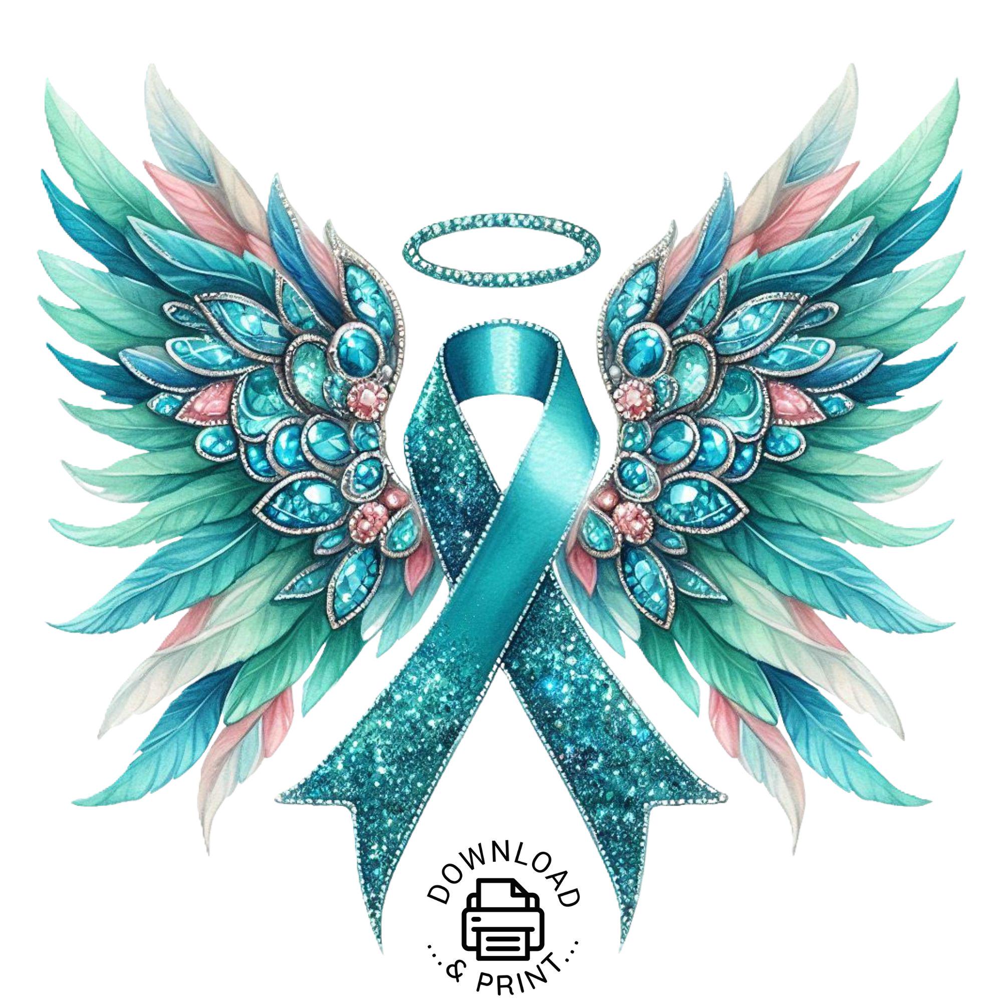 Angel Wings Teal Ribbon Png Clipart, Watercolor Teal Cancer Awareness ...