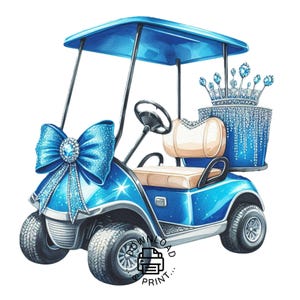 Golf Cart Clipart, Watercolor Blue Golf Cart Girl Clipart Nursery Golfer PNG Commercial Use Ribbon Golf Cart PNG Illustration Golf Club