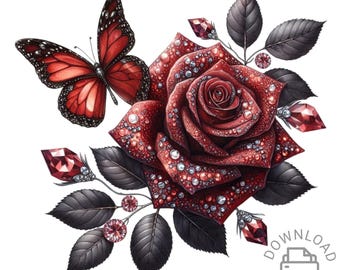 Sparkly Butterfly and Rose Clipart, Watercolor Pink Crystal Rose Butterfly PNG, Butterfly Rose, Rose Butterfly Sublimation, Commercial Use