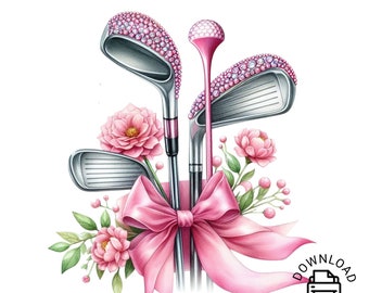GOLF Clipart, Golf Png, Watercolor Pink Ribbon Golf Club Clipart, Golf png, Golf Ball Club and Tee, Golf Sublimation, Golf Clipart, Golf Tee