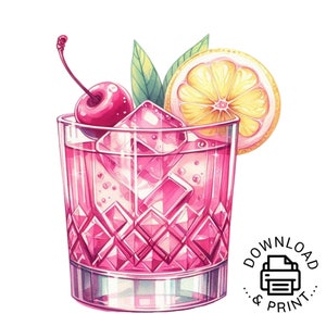 Pink Cherry Lemon Cocktail Clipart, Aquarell Grafik-Illustration, PNG digitaler Download, Aquarell Barkarte Hochzeit Cocktail Getränke