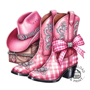 Clipart de botas de vaquera occidental con cinta, botas occidentales con cinta rosa, vaquera occidental PNG, descargas de diseños occidentales, clipart de botas con cinta rosa