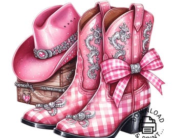 Western Cowgirl Boots Ribbon Clipart, Pink Ribbon Western Boots, Western Cowgirl PNG, Western Designs Downloads, Pink Ribbon Boots Clipart