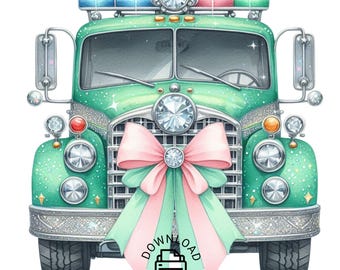 Könnte beinhalten: Ein grüner Spielzeug-LKW mit einer großen rosa und grünen Schleife, verziert mit Strasssteinen und einem diamantförmigen Ornament auf dem Dach. Der LKW hat ein blaues und rotes Licht oben.