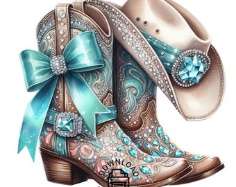 Watercolor Cowgirl Boots Clipart, Western Ribbon Design (PNG)