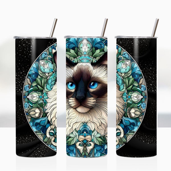 Siamese Cat Tumbler, Stained Glass Siamese Cat Tumbler Wrap Sublimation, 20 oz Skinny Tumbler Sublimation PNG, Gift for Siamese Cat Mom