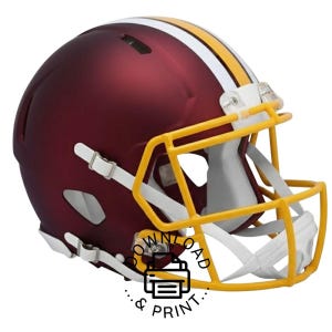 Può includere: Un casco da football americano bordeaux con una maschera gialla e strisce bianche e gialle. Il casco ha una finitura lucida e sottogola bianchi. L'immagine include il testo "DOWNLOAD & PRINT."