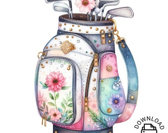 Golf Bag Watercolor Pink Golf Bag Sports Girl Clipart Nursery Golfer PNG Commercial Use Golf Accessories Golf Cart Illustration Golf Clubs