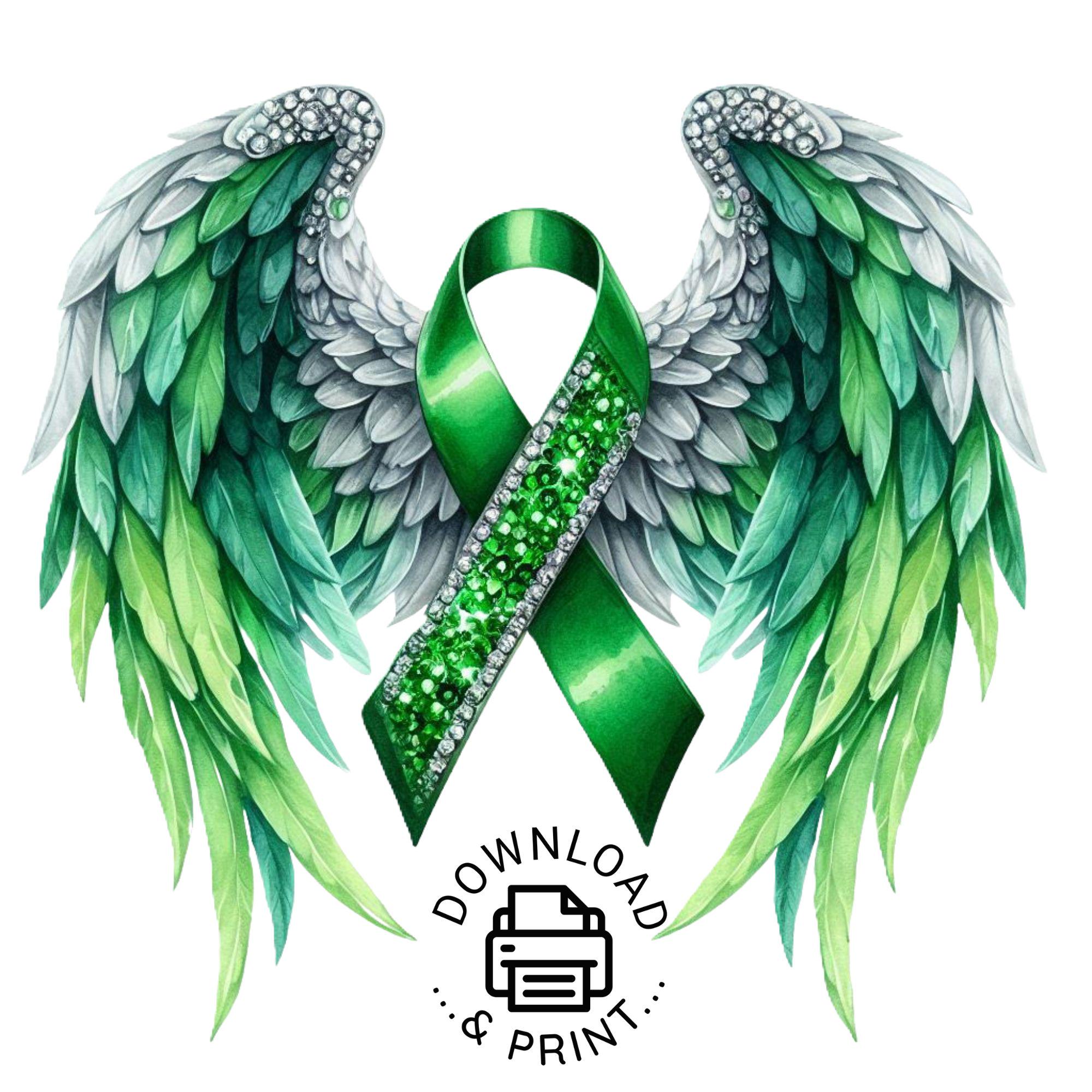 Memory Cancer Design Angel Wings Green Ribbon Png Clipart, Watercolor Green Cancer Awareness ...
