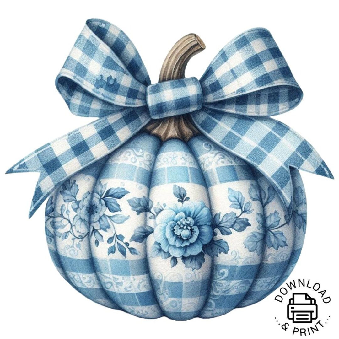 Blue Floral Pumpkin PNG Clipart, Retro Fall Watercolor (digital ...