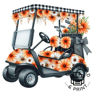 Golf Cart Clipart, Orange Daisies Golf Cart Girl Clipart Nursery Golfer PNG Commercial Black Ribbon Golf Cart PNG Illustration Golf Club
