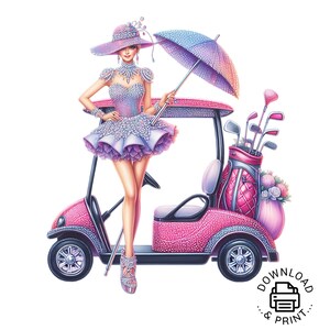 コース上のシックなファッションガールのイラスト クリップアート PNG 商用利用 ゴルフアクセサリー ゴルフカートのイラスト ゴルフカートのクリップアート PNG