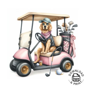 Golf Cart with Dog, Golden Retriever Clipart, Pink Golf Cart Clipart PNG, Golfer Clipart,  Golden Retriever with Golf Cart Clipart png