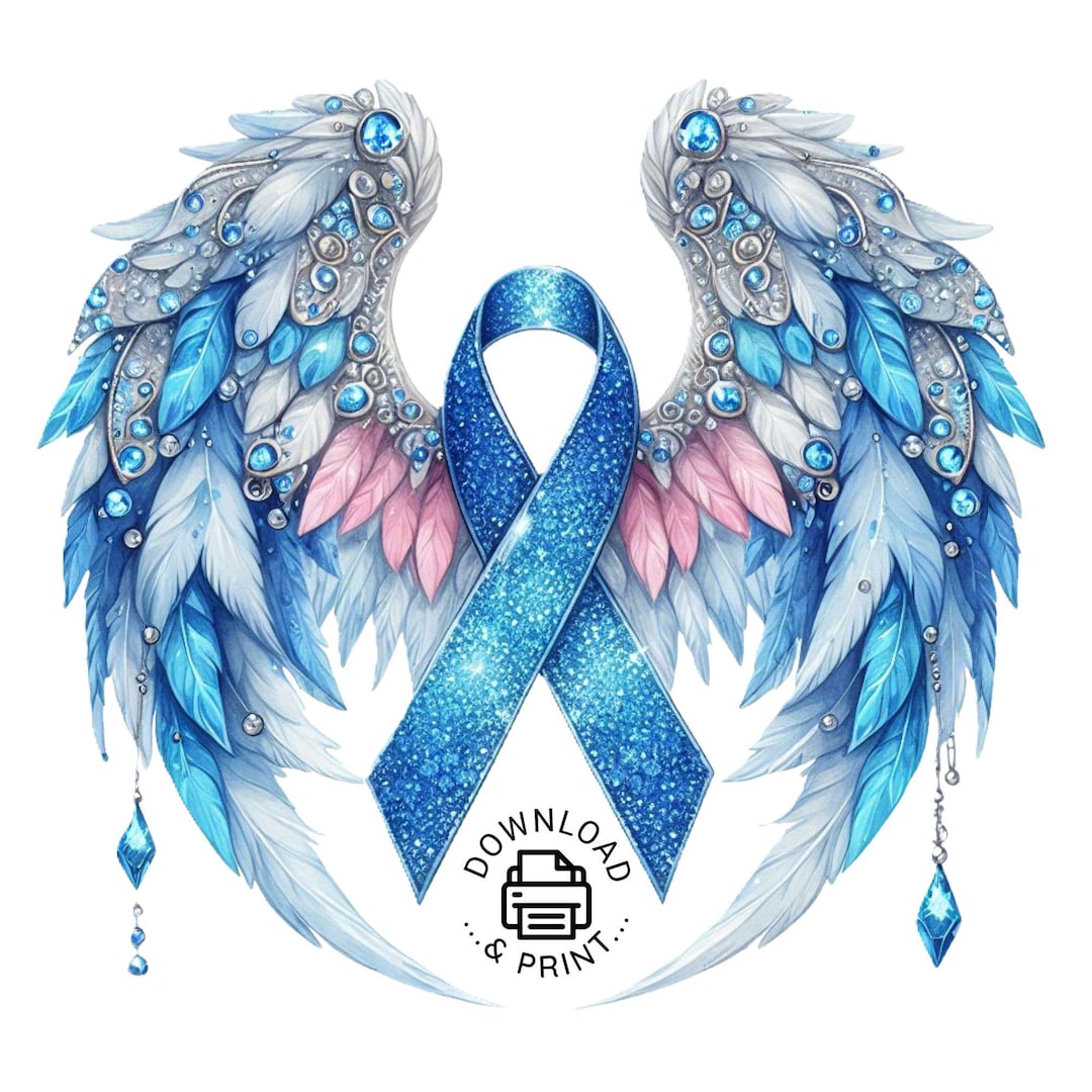Memory Cancer Design Angel Wings Blue Ribbon Png, Watercolor Blue Cancer Awareness Png, in ...