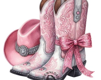 Western Cowgirl Boots Ribbon Clipart, Pink Ribbon Western Boots, Western Cowgirl PNG, Western Designs Downloads, Pink Ribbon Boots Clipart