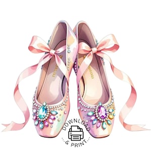 Pink Jeweled Ballet Slippers PNG | Ballerina Shoes Clipart | Rhinestone Ballet Shoes Wall Art Printable | Girl Dance Room Decor Download