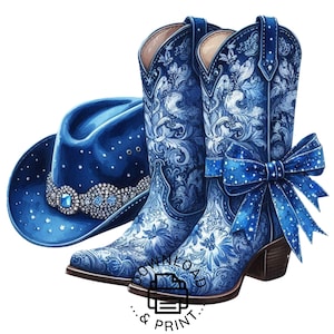 Aquarelle bleu royal bottes de cow-girl western clipart, bottes bleu Royal, cow-girl western PNG, téléchargements de dessins occidentaux, clipart bottes bleues