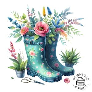 Könnte beinhalten: Aquarell-Illustration von türkisfarbenen Gummistiefeln, gefüllt mit bunten Blumen und Grünzeug. Die Stiefel haben ein Blumenmuster und eine Schnalle. Eine Schere und Topfpflanzen sind ebenfalls vorhanden, was auf ein Gartenthema hindeutet.
