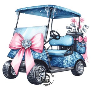 Golf Cart Clipart, Blue Golf Cart Girl Clipart Nursery Golfer PNG Commercial Use Ribbon Cars Golf Cart PNG Illustration Golf Club