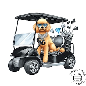 トイプードル、水彩画のトイプードル PNG 黒のゴルフ スポーツ昇華クリップアート PNG、ゴルファー PNG 水彩画のゴルフ カートとトイプードルのクリップアート